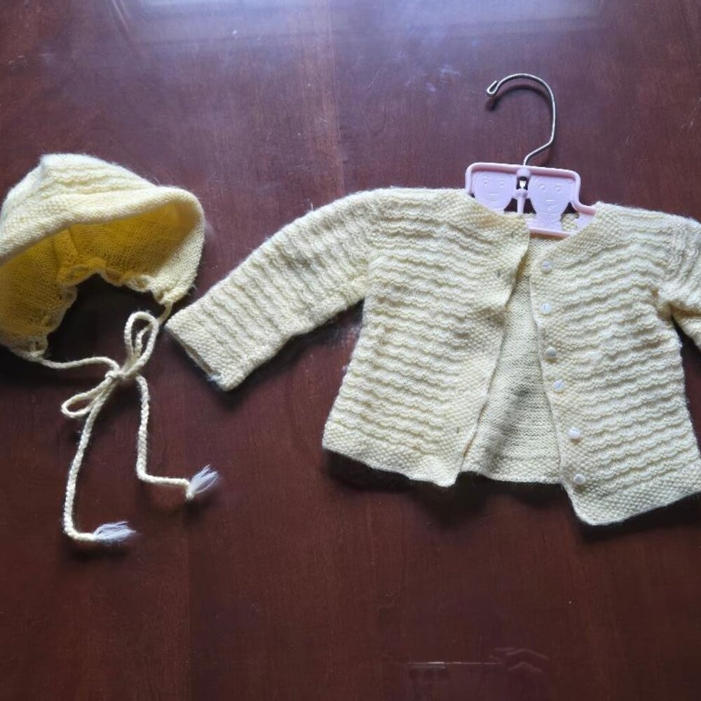 Antique Handmade Infant Cardigan Sweater with Matching Hat - Yellow 1950s-60s